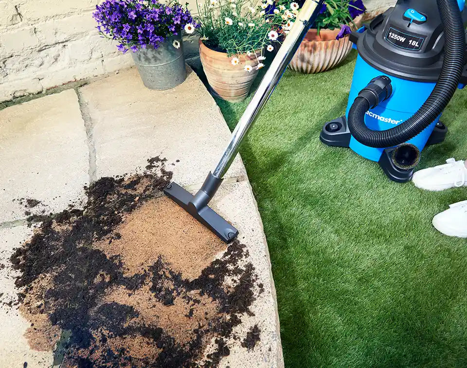 Outdoor wet and dry vacuum cleaner on a UK patio Vacmaster