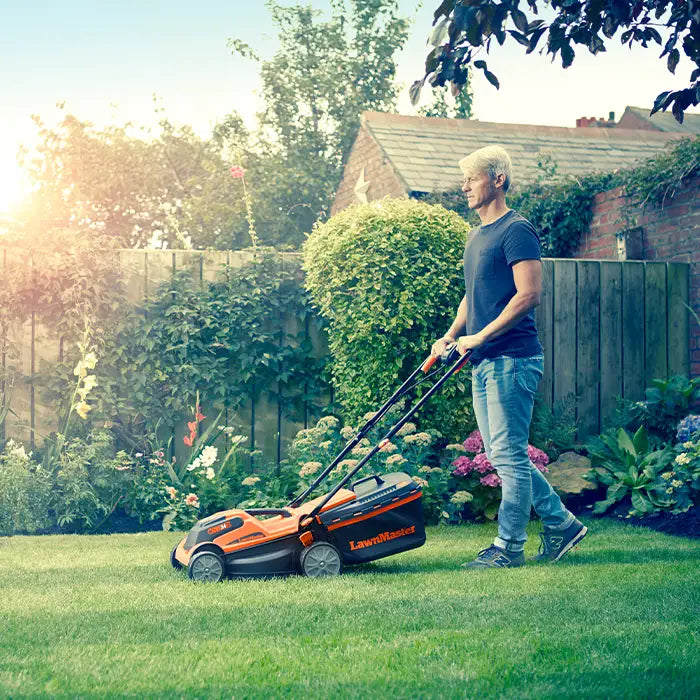 34cm Cordless Lawn Mower in a UK garden