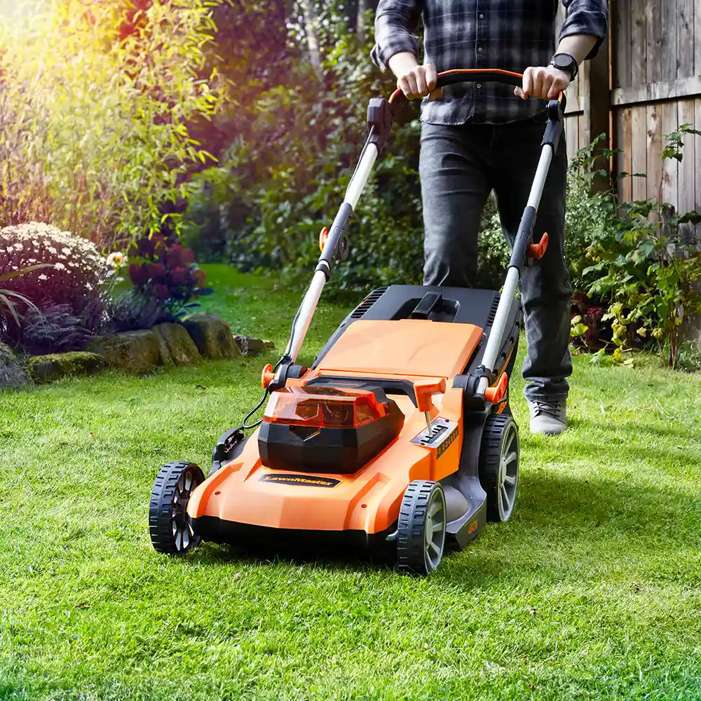 LawnMaster 48V 46cm Cordless Lawn Mower With Spare Batteries Cleva