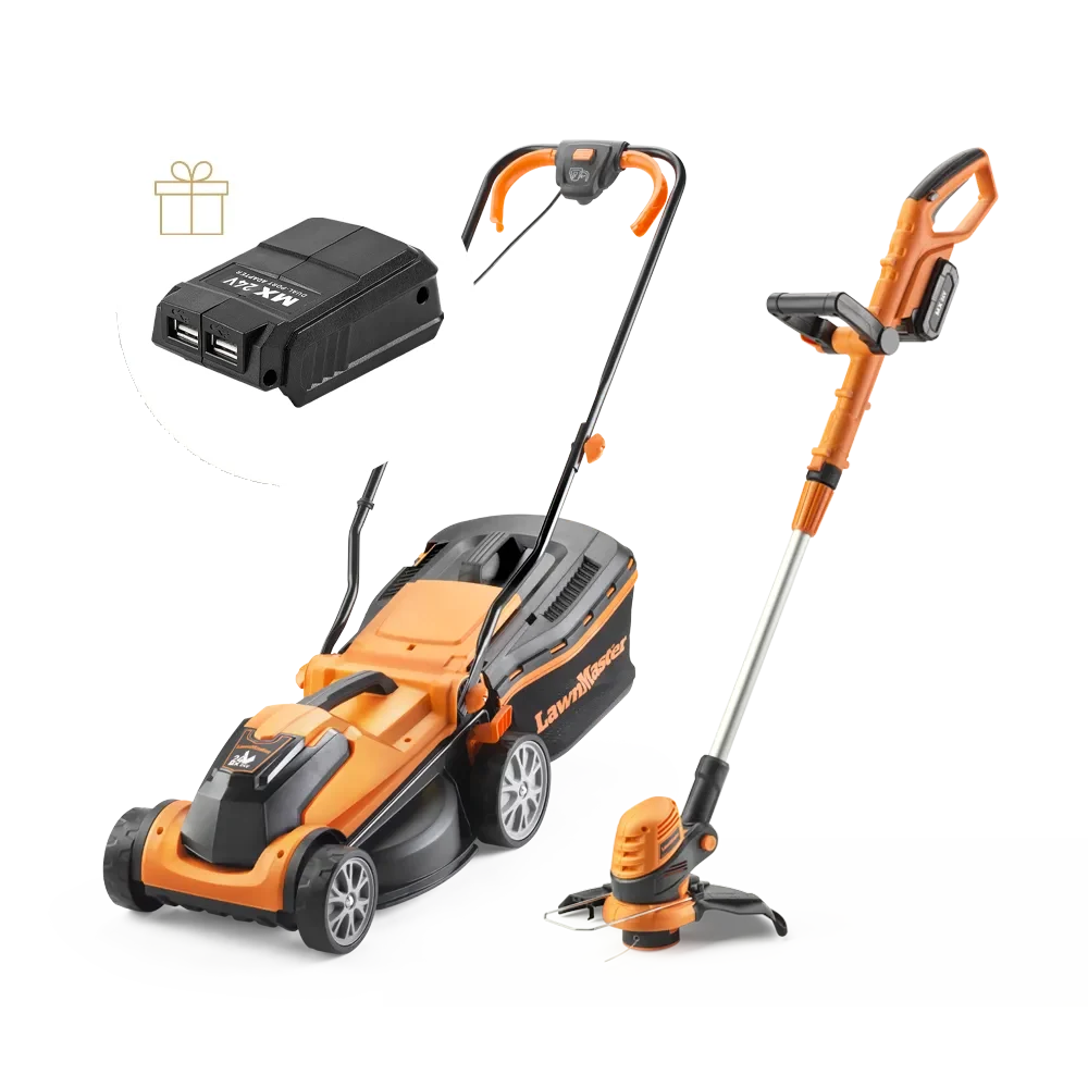 LawnMaster 24V 34cm Cordless Lawn Mower and Grass Trimmer Bundle by Cleva UK - MFGT COMBO with free gift