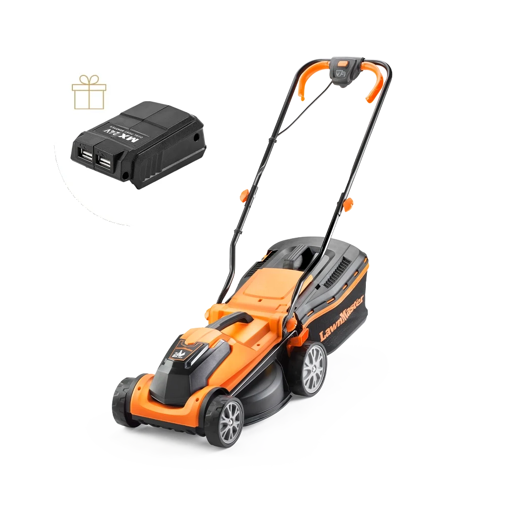 LawnMaster 24V 34cm Cordless Lawn Mower by Cleva UK - CLMF2434G-01 with free gift
