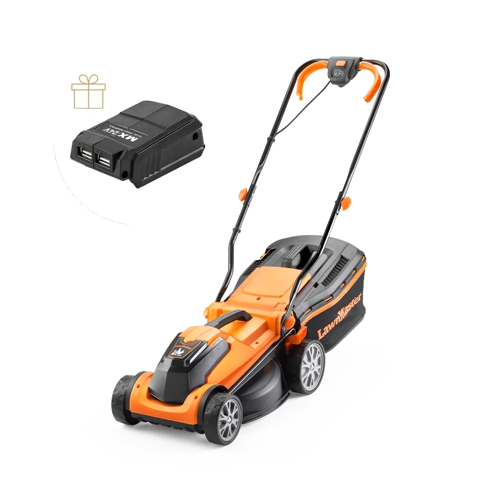 LawnMaster 24V 34cm Cordless Lawn Mower by Cleva UK - CLMF2434G-1-01 with free gift