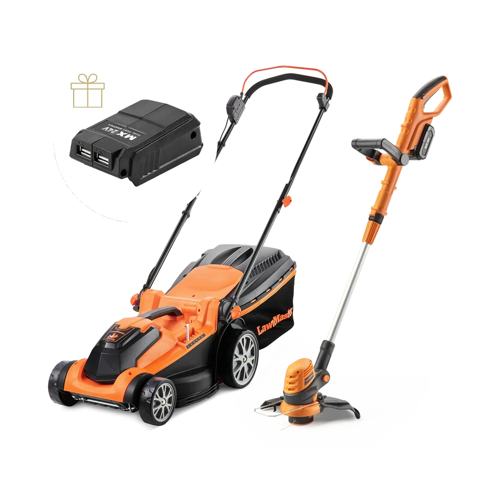 LawnMaster 24V 37cm Cordless Lawnmower and Grass Trimmer Twin Pack by Cleva UK - CLMF2437G COMBO with free gift