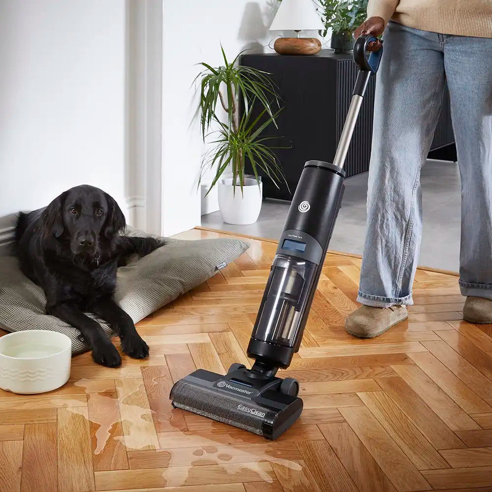 Vacmaster EasyClean HVA cordless hard floor cleaner vacuumig spilled dog water bowl from wooden floor with dog in bed HVA2203UK