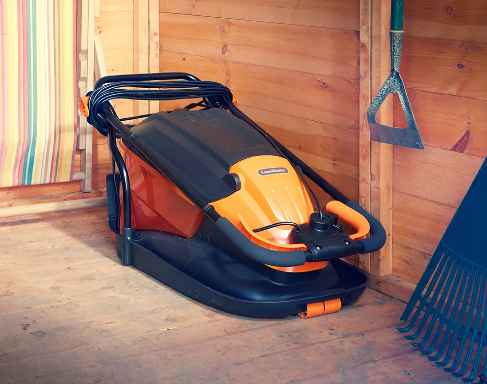 LawnMaster 33cm Hover Mower in a UK Shed