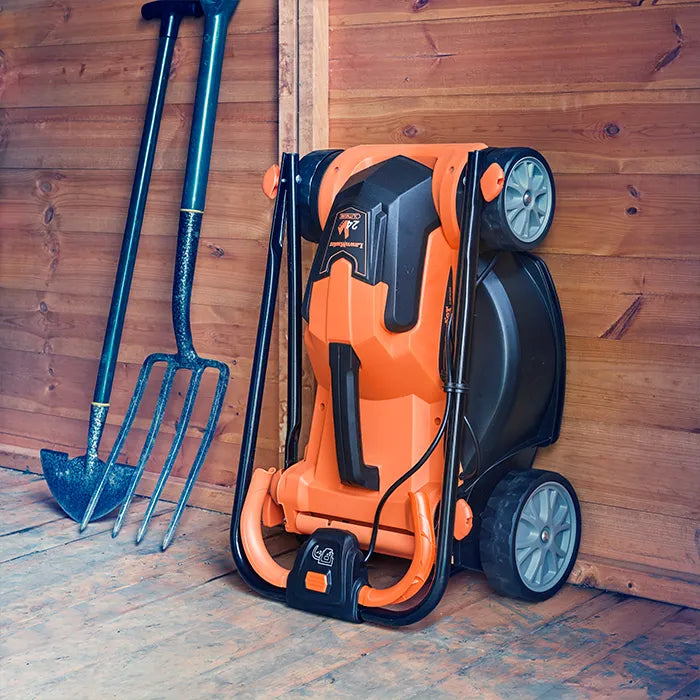 LawnMaster MX 24V 34cm Mower in a UK Shed