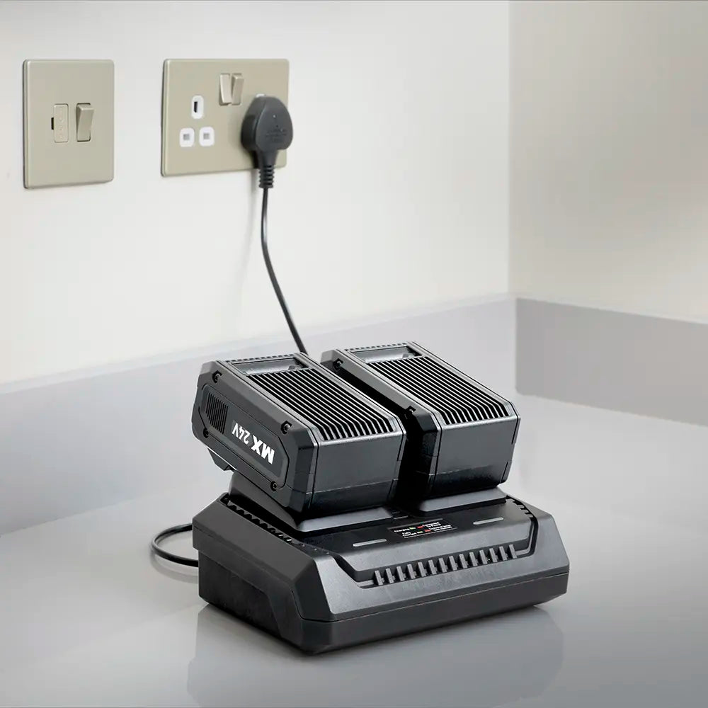 Cordless Lawn Mower Dual Charger and Two 4.0ah Li-io batteries charging on Kitchen Counter