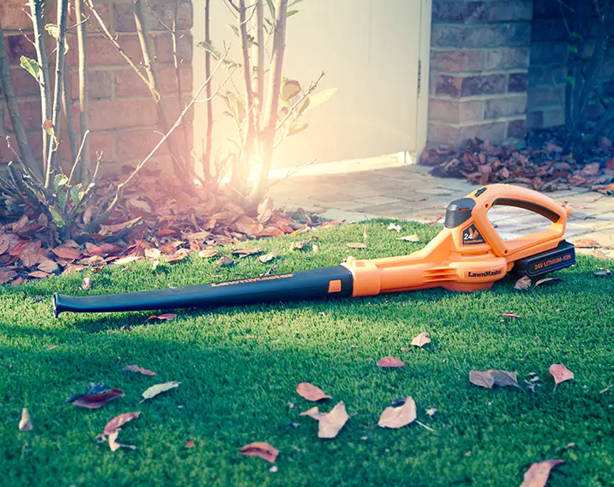 LawnMaster MX 24V Cordless Leafblower in a UK Garden with a 2 Year Guarantee