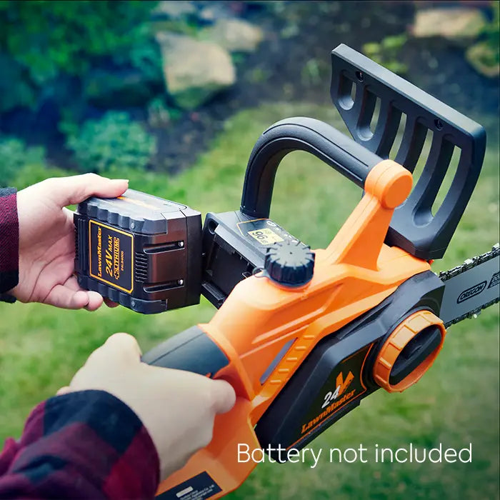 LawnMaster Bare Cordless Chainsaw in a UK Garden