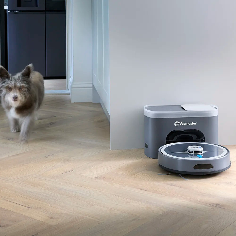 Vacmaster Robot Vacuum Cleaner REi v10i with self empty station and dog in kitchen 