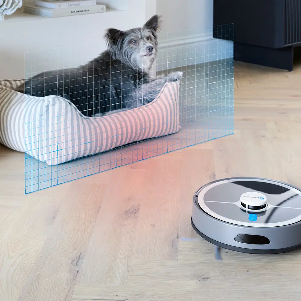 Vacmaster Robot Vacuum Cleaner REi v10i no go zone in front of dog bed and dog in kitchen 