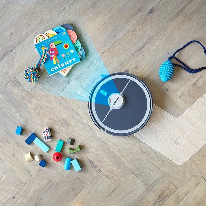 Vacmaster robot vacuum cleaner V10i avoiding obstacles on wooden floor