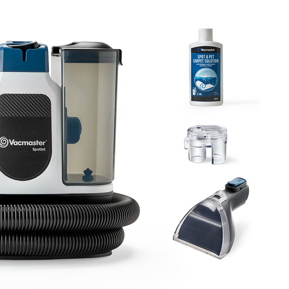 Vacmaster spotlet carpet cleaner in the box cleaning solution, hose cleaning tool and reversible nozzle