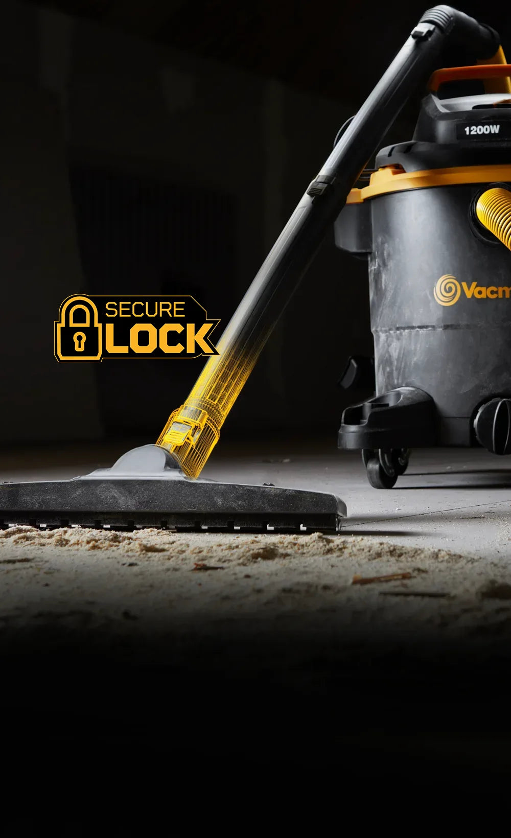 Vacmaster wet and dry Dust_Extractor L35 on building site surrounded by dust ready to vacuum with secure lock logo VJF1235PF-01LC 