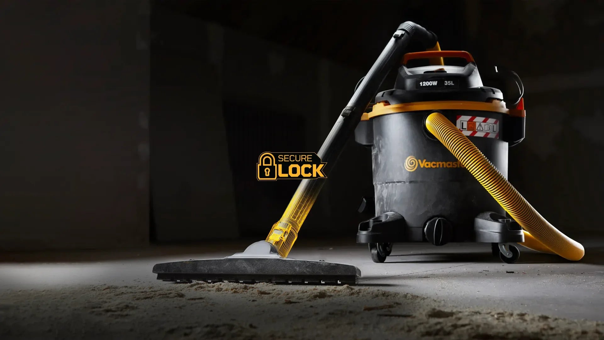 Vacmaster Dust_Extractor L35 on building site surrounded by sawdust with Secure Lock logo