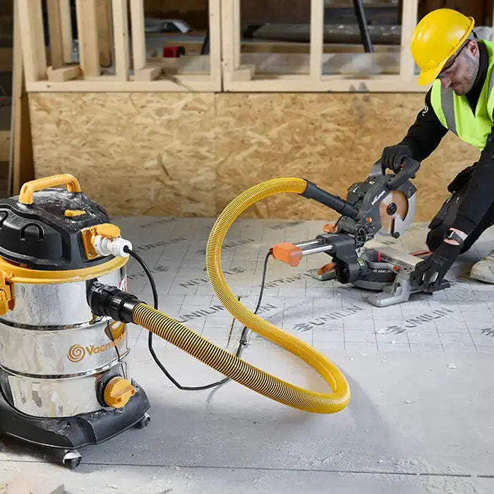 Vacmaster Certified L Class dust Extraction Wet and Dry Vacuum connected to a power tool