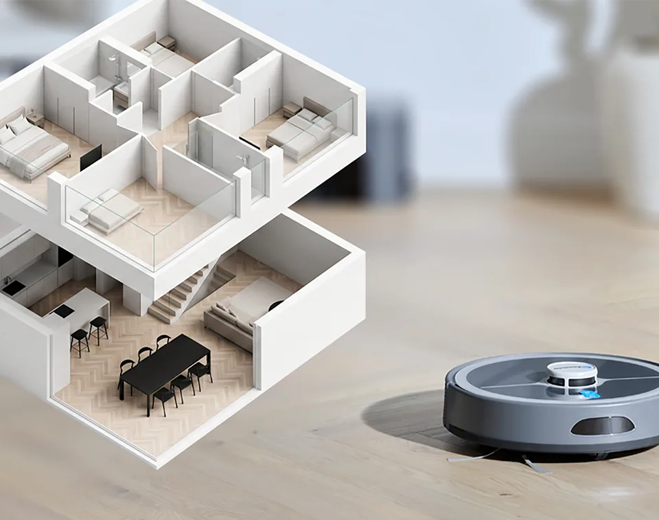 Vacmaster robot vacuum cleaner REi vacuuming with illustration of 3d multi-level floor plan