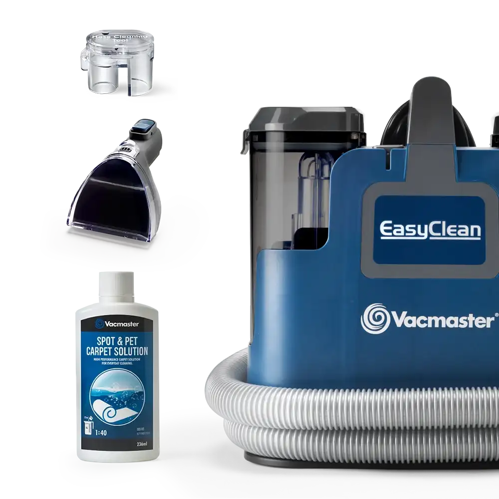 EasyClean Up Carpet Spot Cleaner in the box with solution and attachments