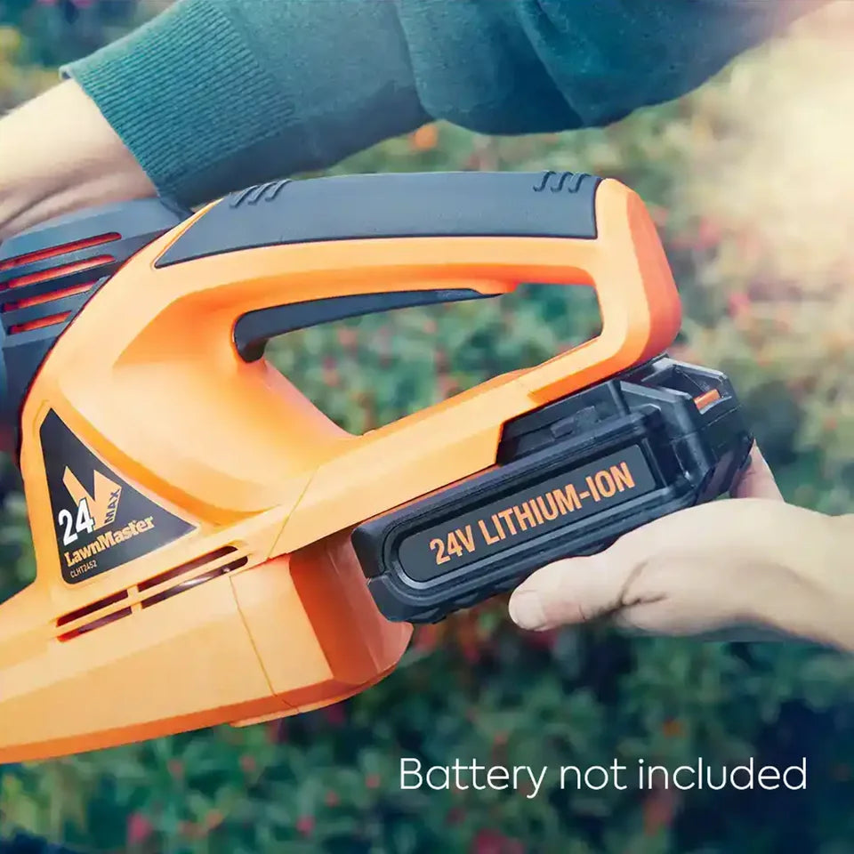 LawnMaster Cordless Hedge Trimmer CLHT2452 Bare MX 24V Battery being fitted