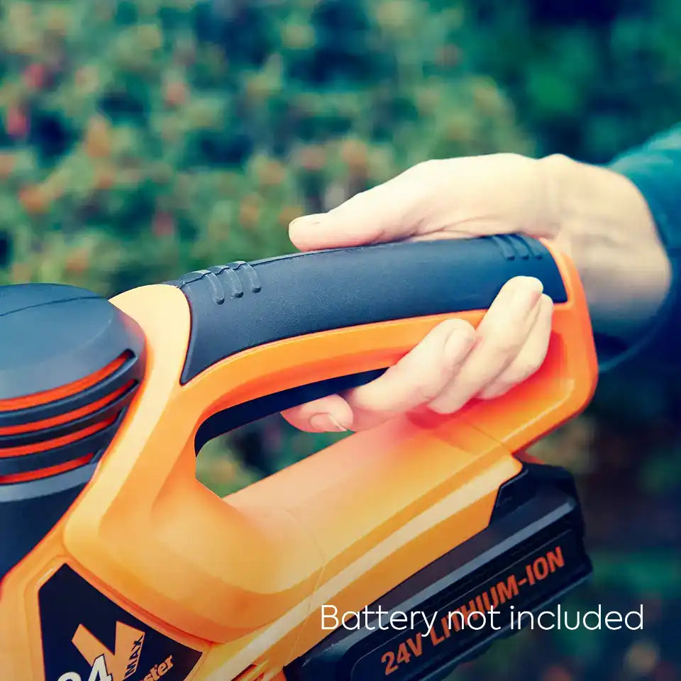LawnMaster Cordless Hedge Trimmer CLHT2452 Bare being held with soft grip handle
