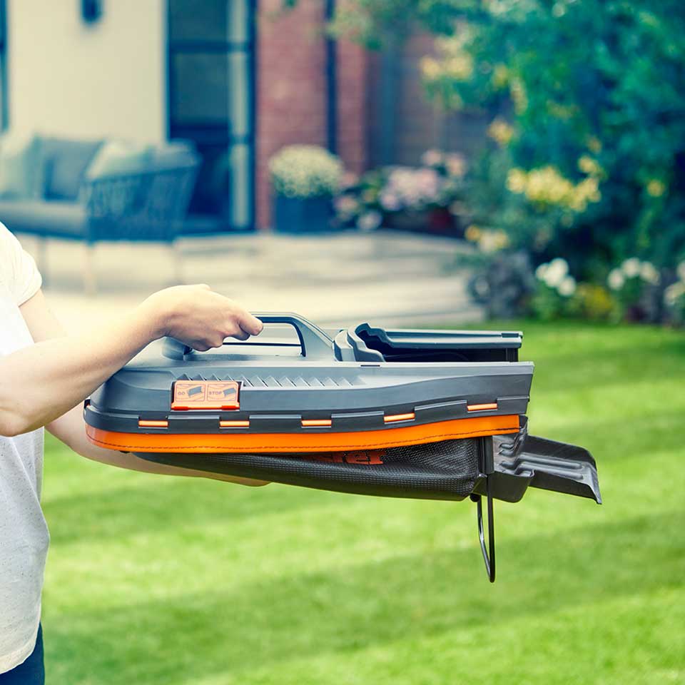 LawnMaster cordless 24v 37cm lawn mower with 40L grass bag in collapsed mode