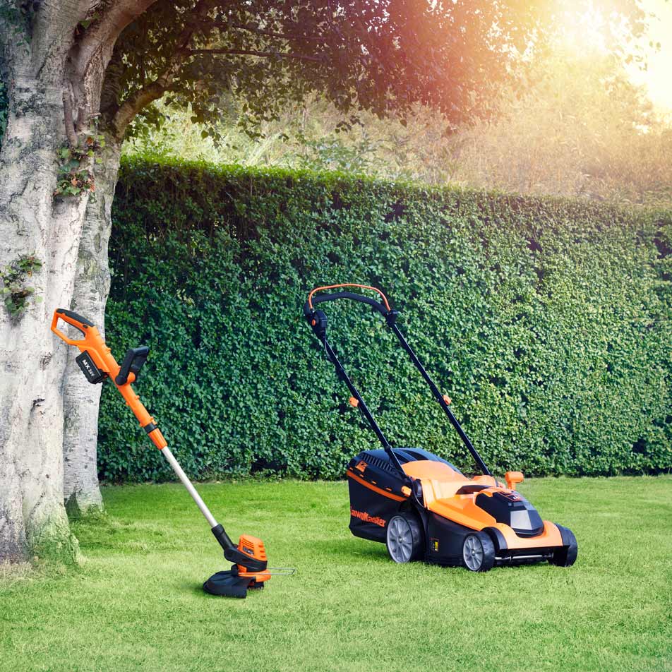 LawnMaster MX 24V 37cm Cordless Lawnmower Grass Trimmer Set With Spare Battery Cleva