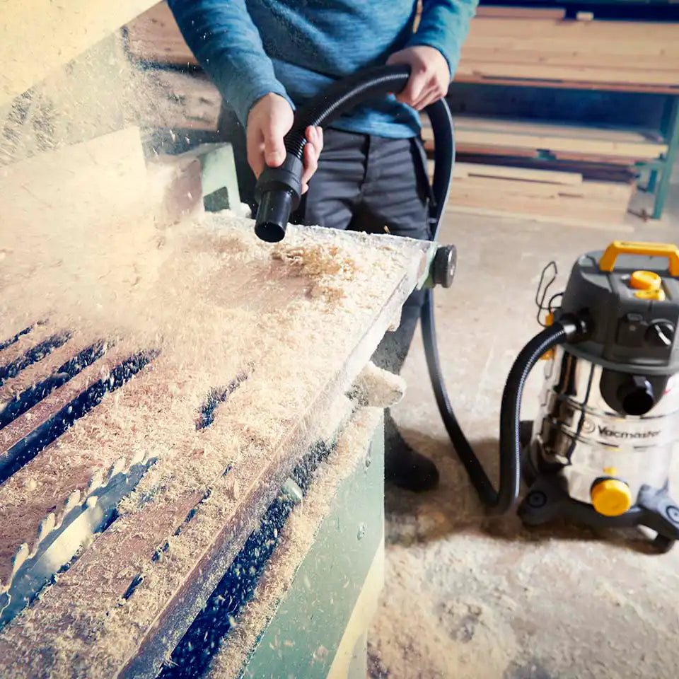 Vacmaster L30 Dust Extractor using the blower function from its high specification in workshop 